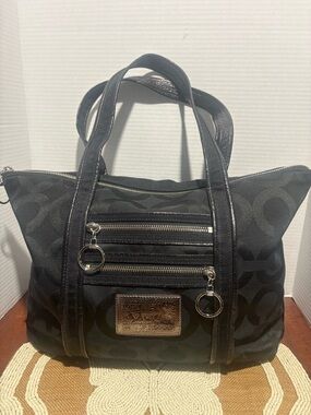 Coach Poppy Black Signature Canvas Tote with Dual Front Zippers